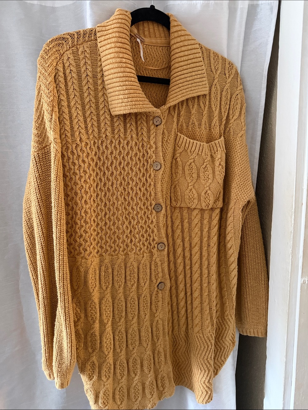 Free people Mustard Cable Knit Button-Up Sweater Cardigan